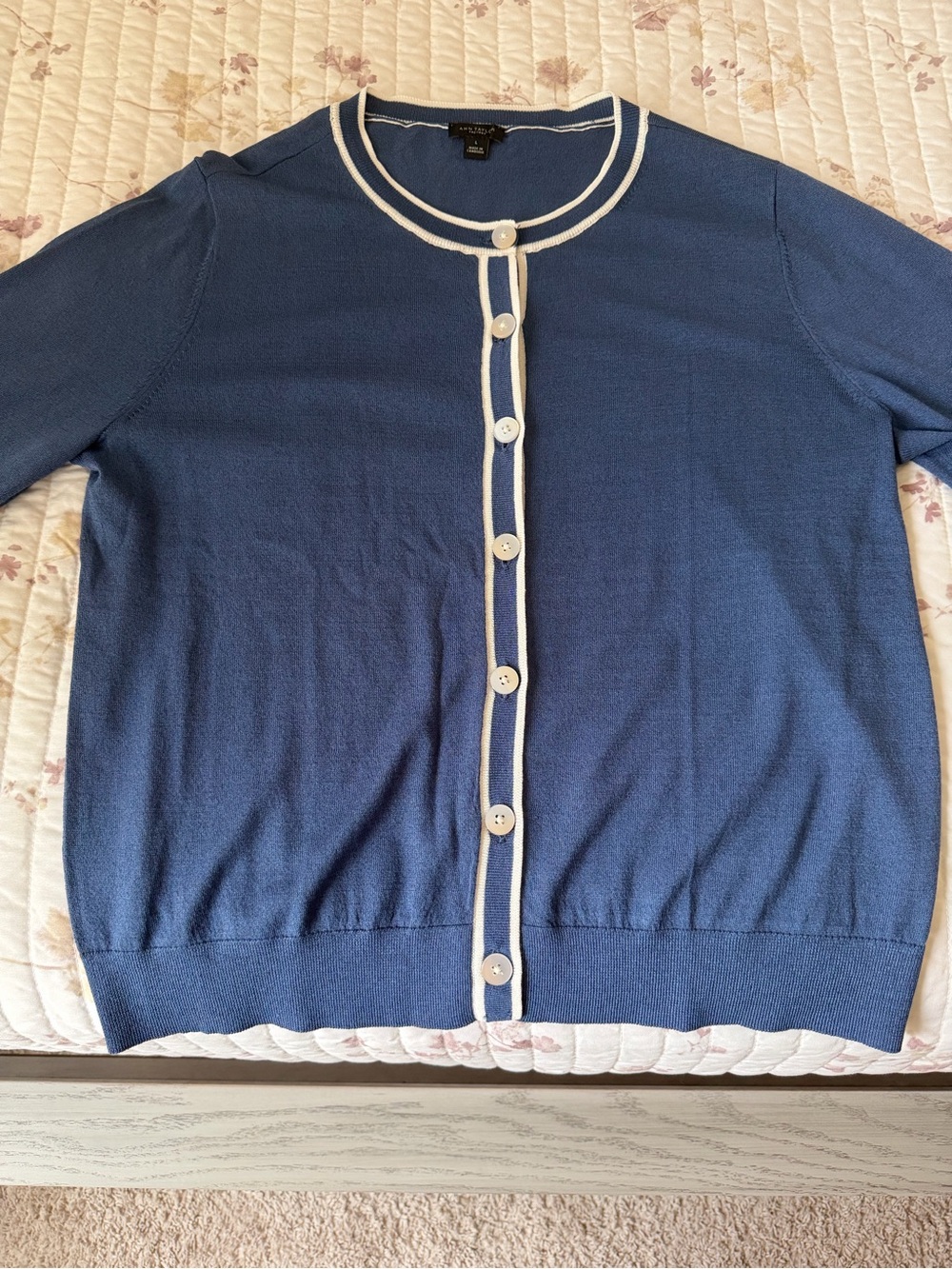 Ann Taylor Factory Blue Cardigan with White Piping